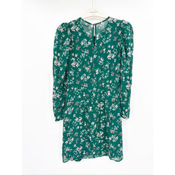 Reformation Juni Green Gathered Floral Print Crepe Long Sleeve Mini Dress Size 8 - Picture 4 of 5